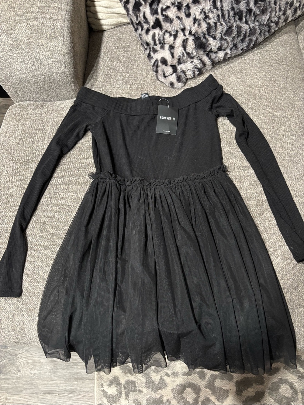 Forever 21 Black Off-Shoulder Romper Dress w/ Tulle Overlay S NWT